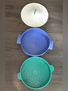 Tupperware Microwave Steamer 3 Piece Dish Strainer Rice Vegetable Cooker 7 inch